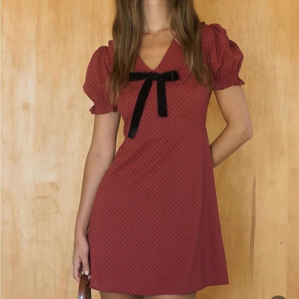 The Workshop Red Polka-Dot Puff Sleeve Dress with Black Velvet Bow NWT